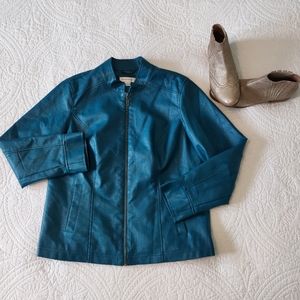 Teal faux leather jacket.